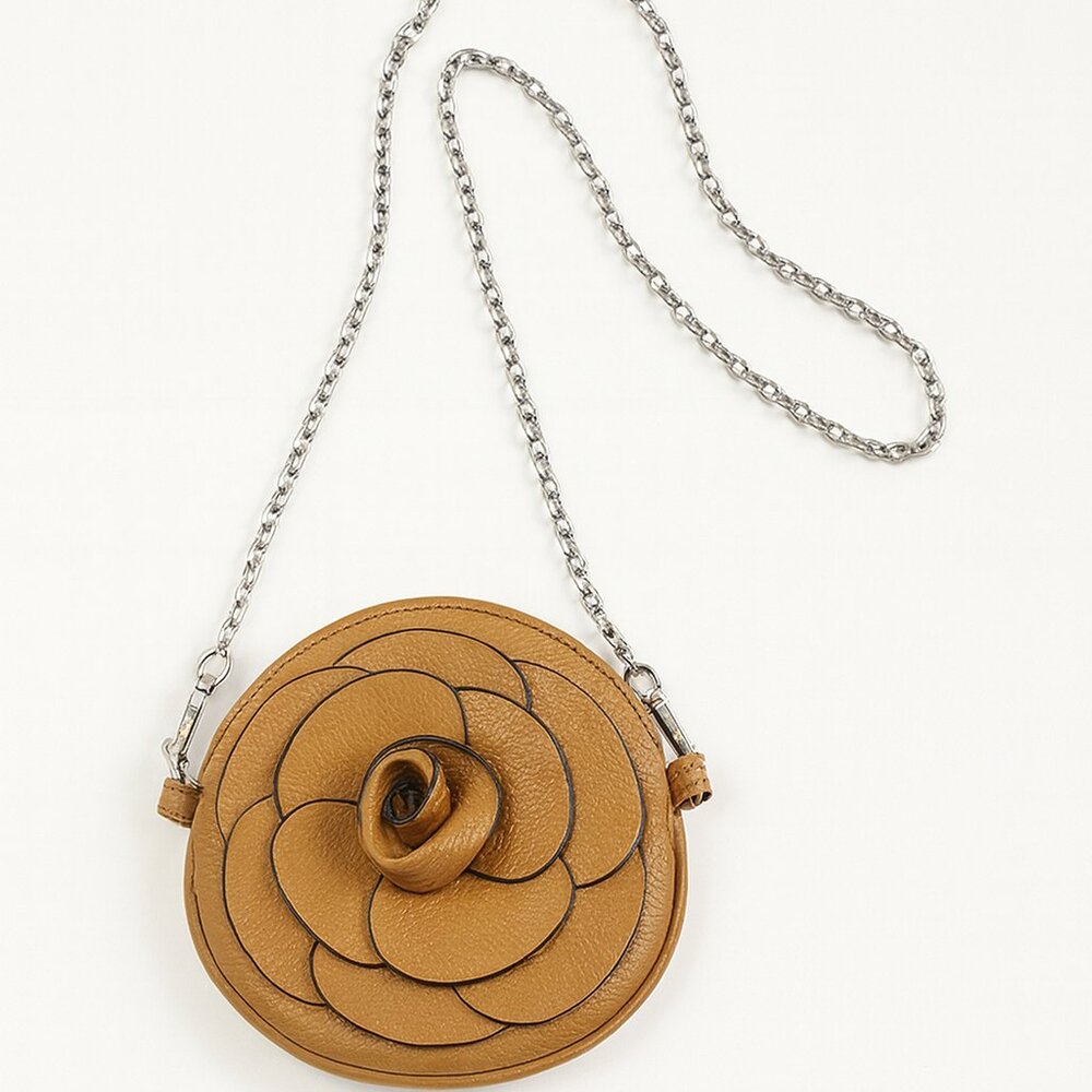 New Small Leather Rose Crossbody Bag with Chain Strap – Tan – Unique Design